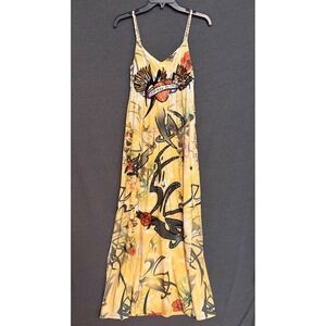Spy Zone Exchange Yellow Tattoo Print Embellished Maxi Dress Small Y2K